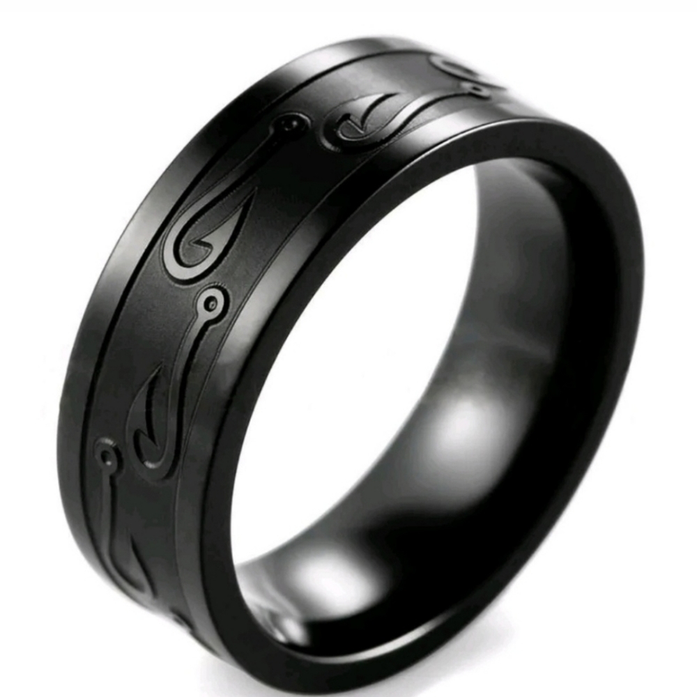 Fish Hook* Black Tungsten Steel Ring*Sz 8*
